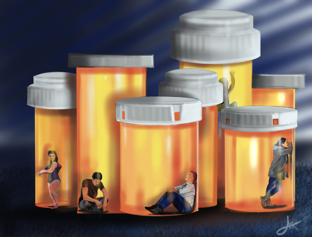 The Golden Trap: Substance overdose is a leading cause of death among youths. Unsafe prescription practices can lead to misuse, opioid use disorder and overdose. Art by Arun Kuruvila, MD